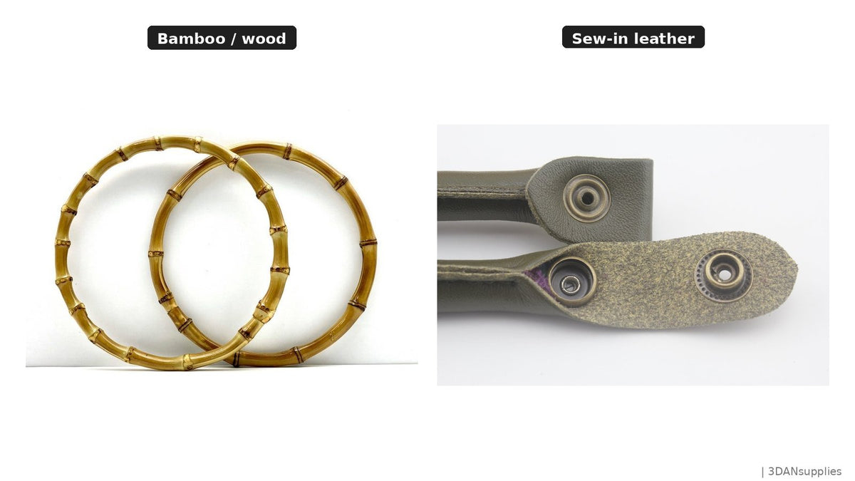 Wood bag handles and sew-in leather strap handles