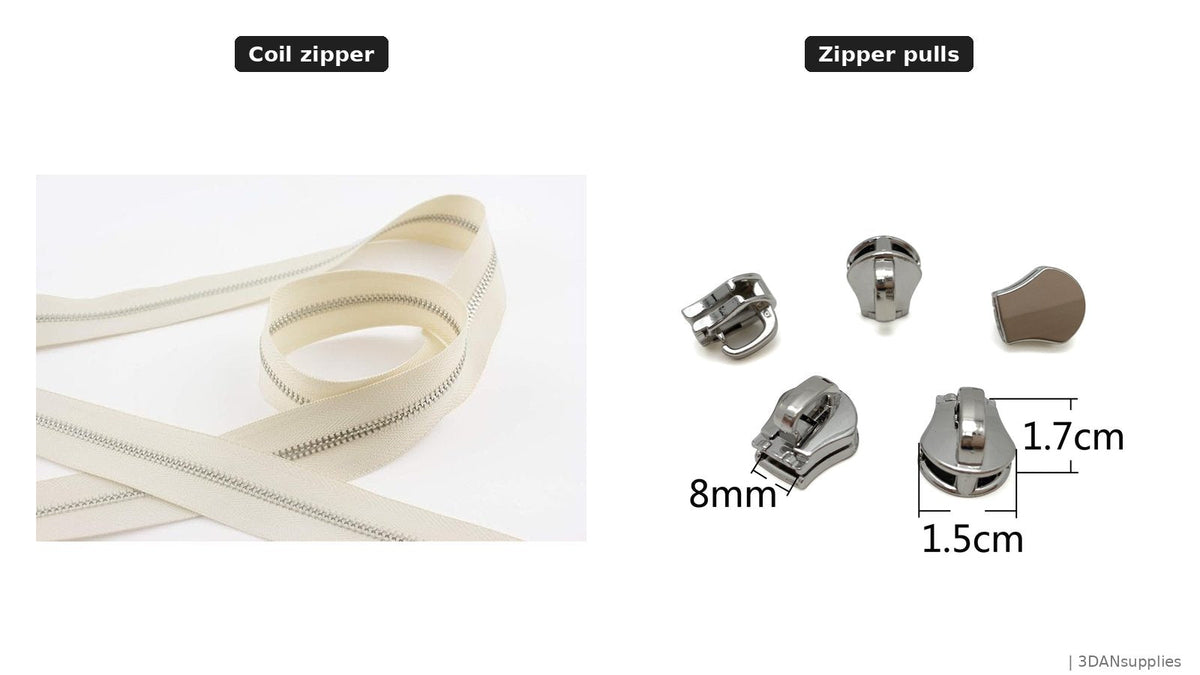 Coil zipper and zipper pulls for bag making