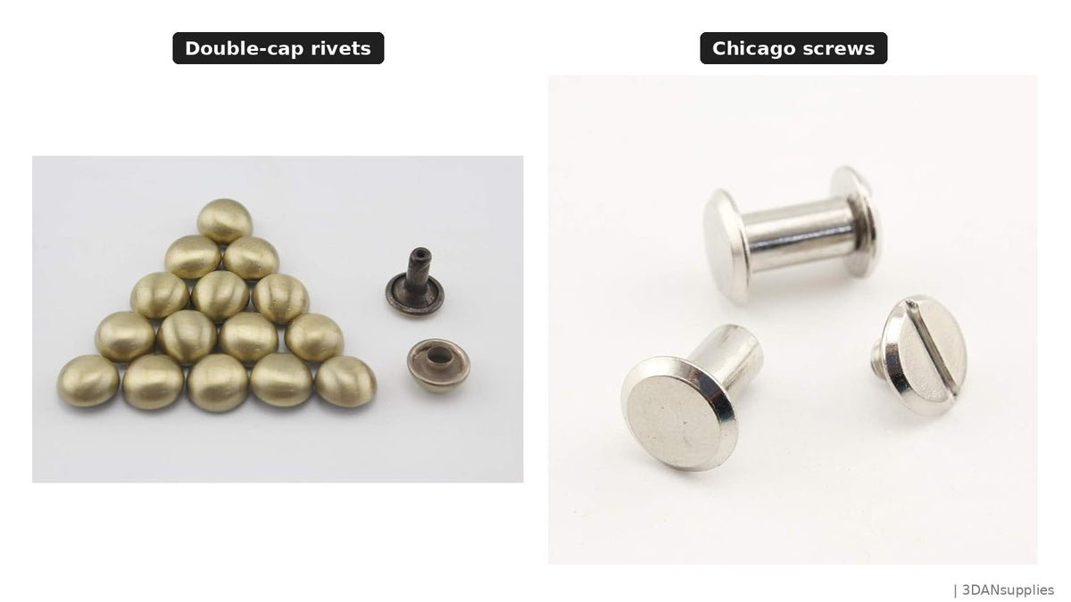 Leather rivets next to Chicago screws