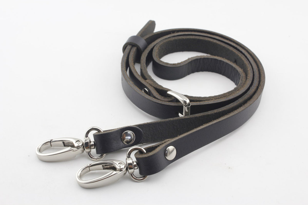 46.5" (118 cm) Adjustable genuine leather shoulder crossbody bag purse strap with hooks replacement black Nickel